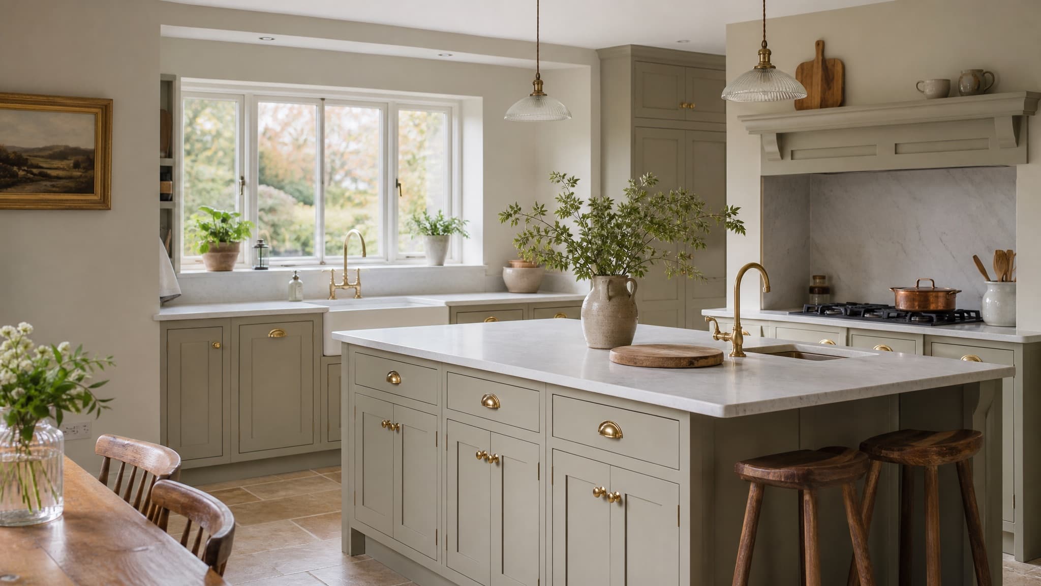 A refined shaker kitchen with a stone-topped island